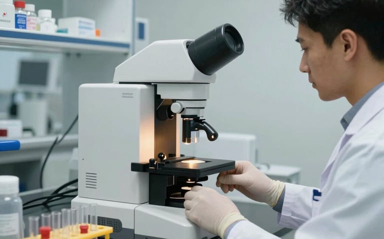 A clean modern medical laboratory in Enugu, with high-tech diagnostic analyzers, test tube racks, and a professional technician working diligently, soft gold accents.