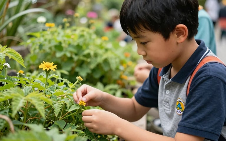 An elementary school child inspecting green plants outdoors during a homeschool science walk in British Columbia, vibrant natural setting.