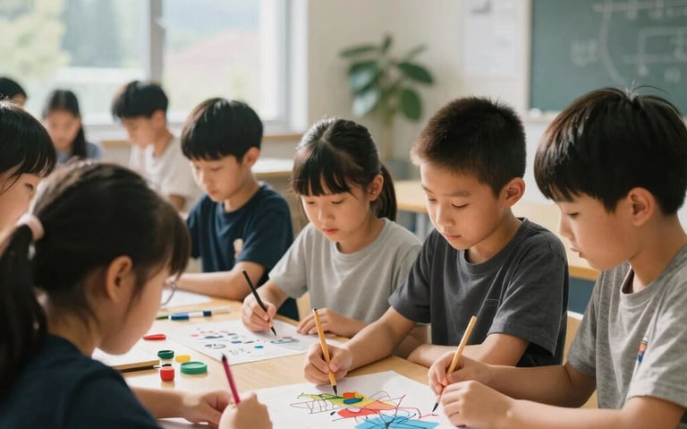 A group of elementary children collaborating on a creative science project in a bright, modern learning hub in British Columbia, warm daylight.