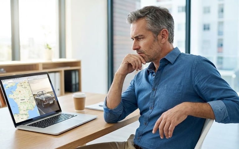 Acheteur de voiture d'occasion consultant une annonce automobile à distance 