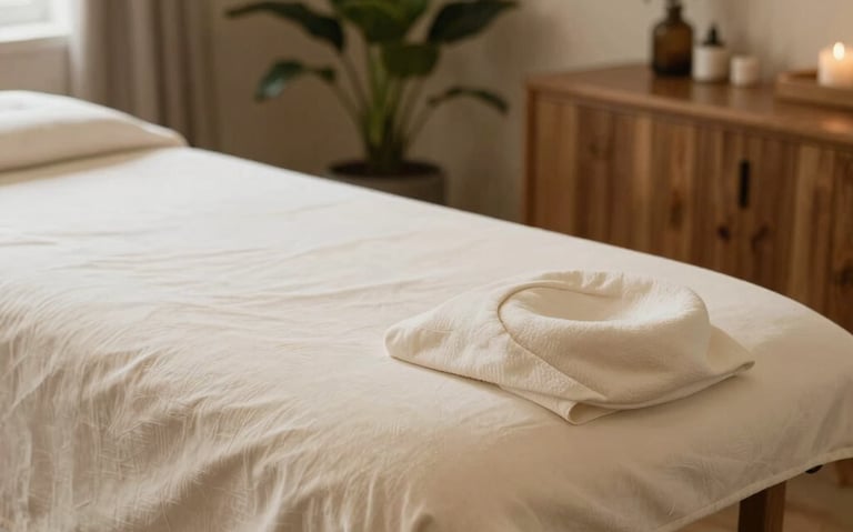 A tranquil treatment room in San Diego, California with soft cream linens on a massage table, warm wooden elements, and peaceful potted plants.