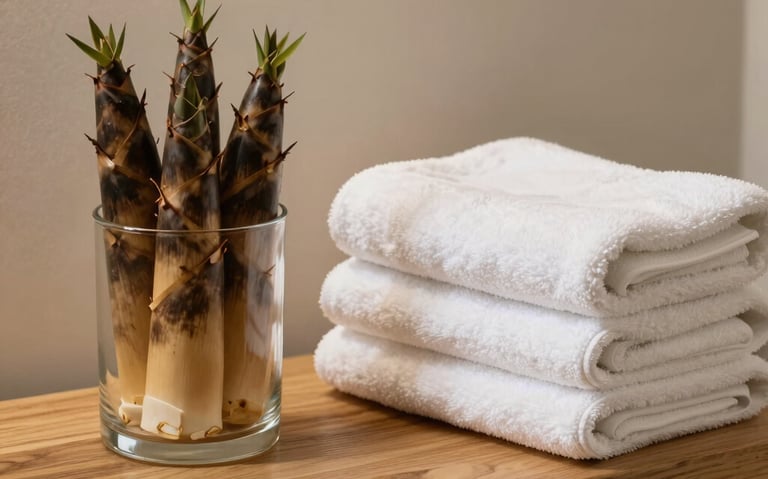 Warm neutral-toned treatment space in San Diego, California featuring bamboo shoots in a clear glass vase next to neatly folded plush white towels on a cedar bench.