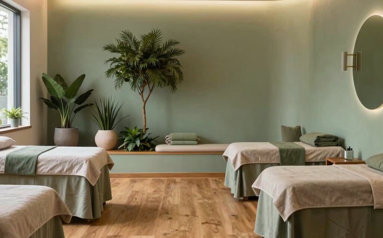 A serenity garden setting inside a wellness center in San Diego, California, featuring warm wooden floors, soft ambient light, and organic sage green decorations.