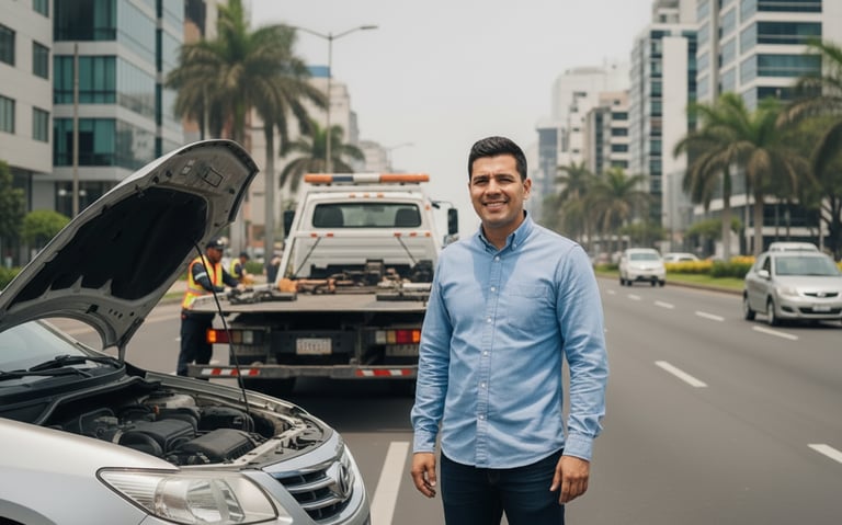 un hombre relajado porque la grua llego a recoger su auto y lo salvo de su problema