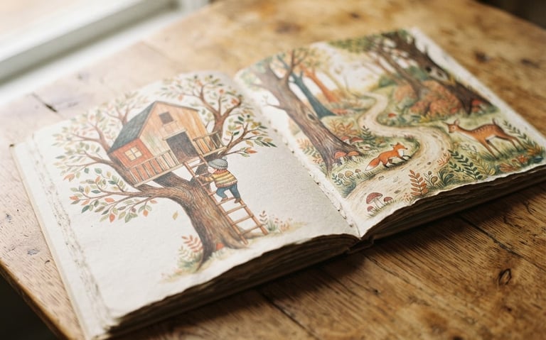 Tactile close-up of children's book pages open on a wooden table, soft natural window light, warm earth tones, shallow depth of field