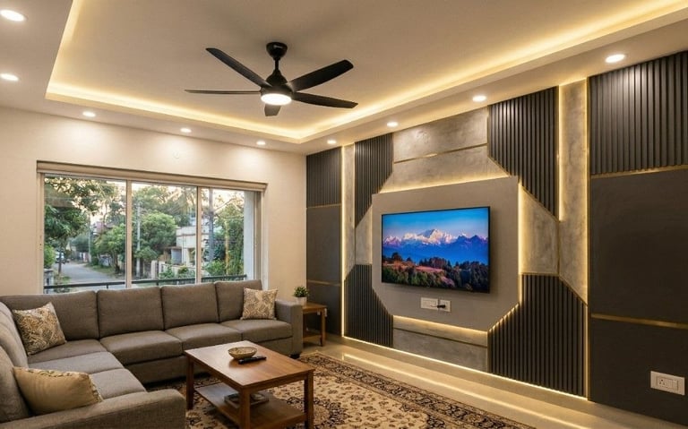Modern living room with a grey sectional sofa, backlit wood panel TV wall, and cove lighting.