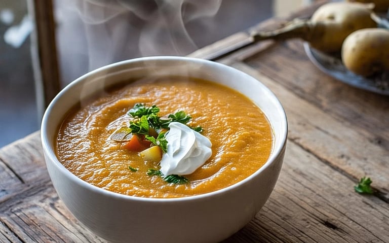 a bowl of soup with a dollop of sour cream