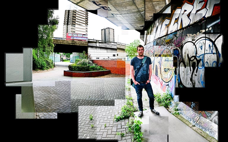 A joiner image of a man standing next to a wall covered in graffiti
