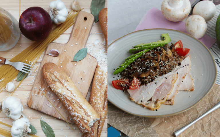 Flat lay of healthy meal prep ingredients and a plate with buckwheat, turkey, and avocado.