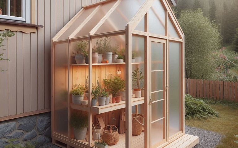 a wood frame greenhouse at the side of a house