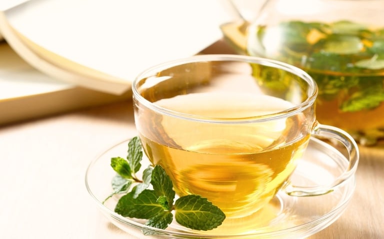 Fresh peppermint tea in a glass cup with fresh mint leaves and a book for relaxation.