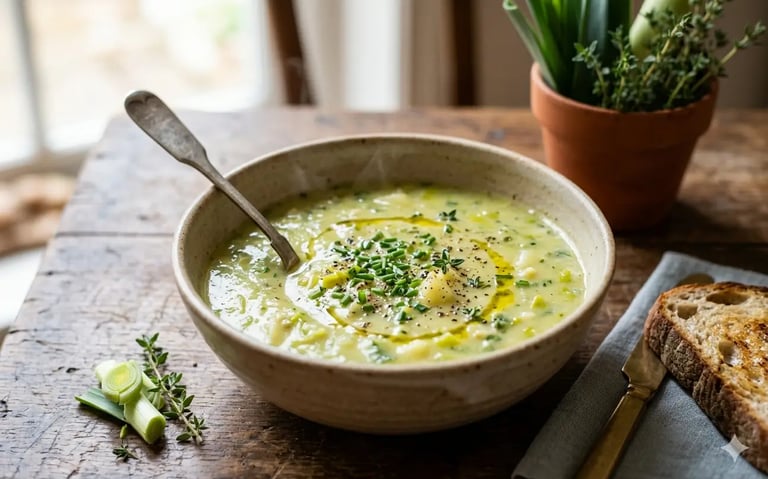 Sopa cremosa de batata e alho-poró, finalizada com cebolinha fresca e azeite, servida em uma tigela 