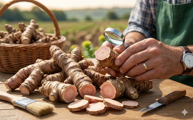 Agricultor inspecionando raiz fresca de Rhodiola rosea orgânica com uma lupa sobre uma mesa rústica 