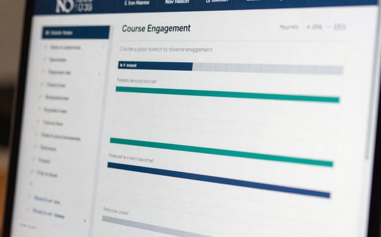 Close-up of a modern high-end computer screen displaying analytics of course engagement data in a North American / US environment. Sharp focus, clean corporate aesthetics, authoritative design.