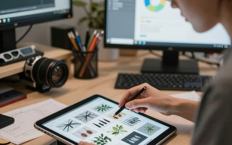 A professional instructional designer carefully selecting visual layouts on an iPad in a North American / US creative studio. Balanced and sophisticated lighting.