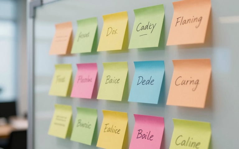 A close-up shot of colored design sticky notes on a glass whiteboard representing the discovery and planning phase. Located in a professional office in North American / US, modern and professional feel.