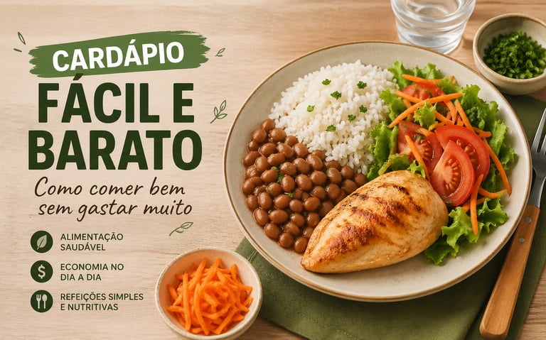 Cardápio barato com arroz, feijão, frango e salada