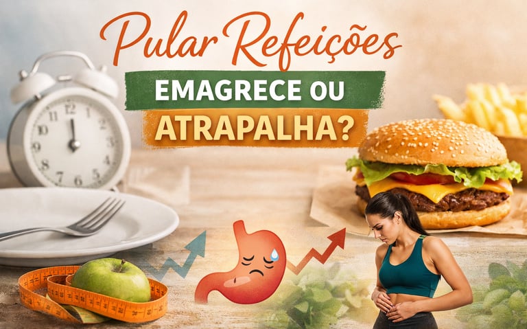 Imagem ilustrativa sobre pular refeições e emagrecimento, com relógio, comida e símbolos de fome