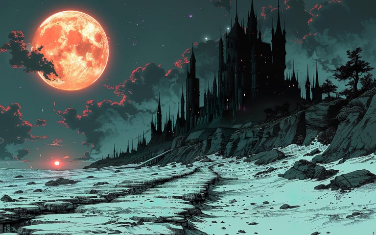 a castle like building with a red moon in the sky
