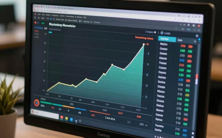 A focused close up shot of a digital dashboard on a screen presenting marketing growth metrics in a warm office, corporate style.