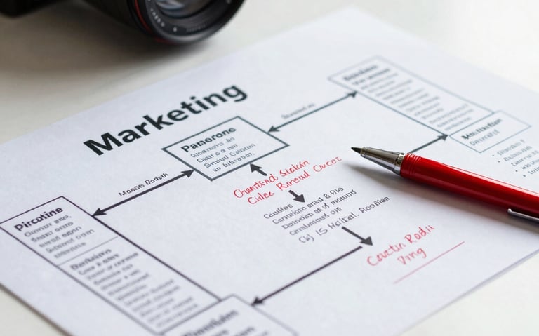 A close up photo of a marketing roadmap document with handwritten notes and a red pen, high contrast, on a clear white table.