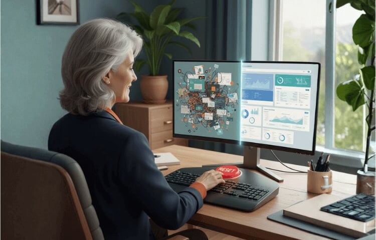 Woman pressing a reset button at her desk as a chaotic screen transforms into a clean dashboard