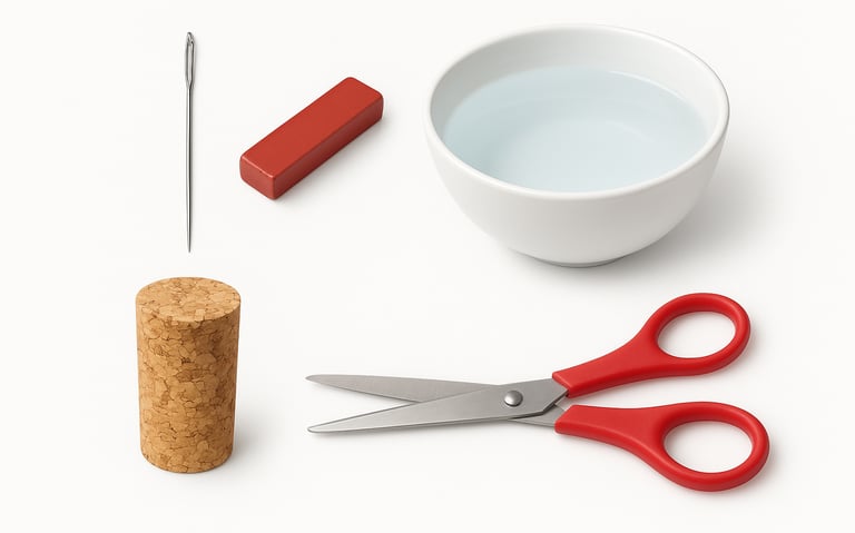Scissors, deep plate, bottle cork, magnet, and sewing needle.