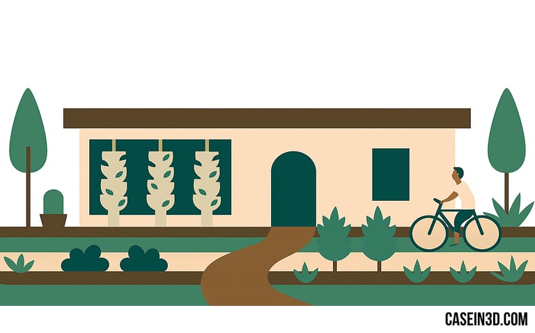 "illustrazione minimalista del progetto Itaca: edificio sostenibile stampato in 3D in Italia"