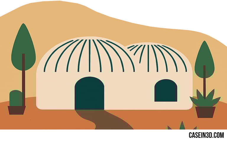 "illustrazione minimalista del progetto TECLA: abitazione stampata in 3D in terra cruda, con doppia 