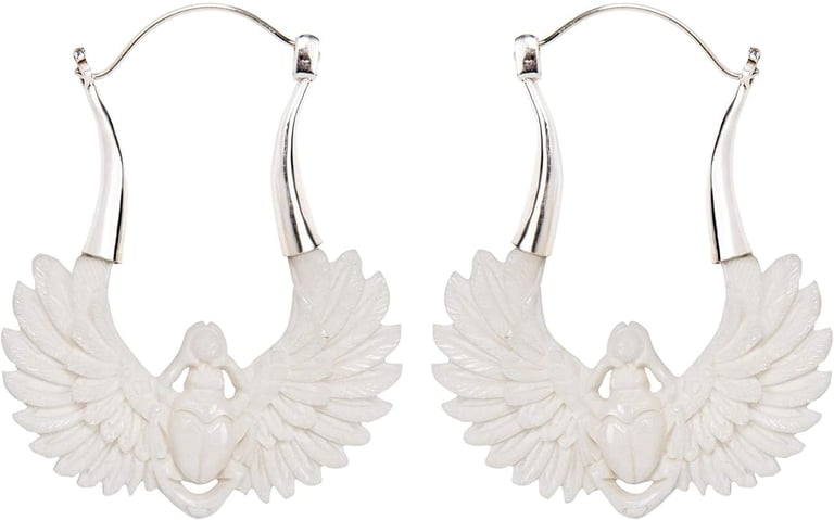 Egyptian Revival Hand Carved Bone Egyptian Winged Scarab Beetle Earrings. Sterling Silver