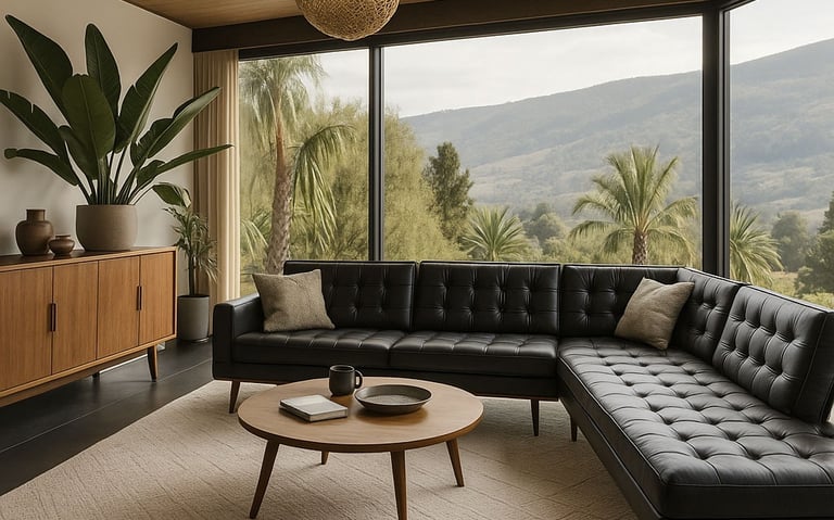 Black Mid-Century sectional in a sunlit room with wood ceilings and neutral decor
