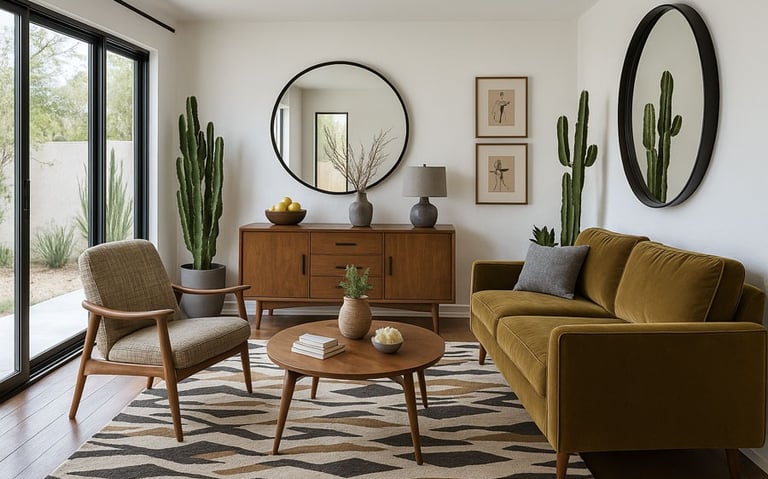 Mid-century room with olive sofa, wood chair, round mirror, credenza, cacti, and zigzag rug.