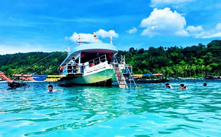 a boat with people swimming in the water