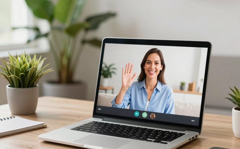 Vivid lifestyle photo of a modern workspace in Santiago, showing a laptop screen with a friendly online therapist waving, with bright soft lighting and colorful green plants.