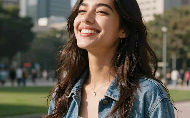 Vibrant photography of a Chilean young woman smiling happily while enjoying the sun in a city park in Santiago, radiating energy, happiness, and mental clarity.