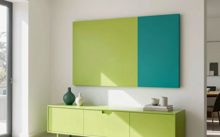 Clean, bright, minimalist photography of a modern, stylish Chilean home interior with plenty of natural daylight, featuring decorative details in vibrant apple green and teal.