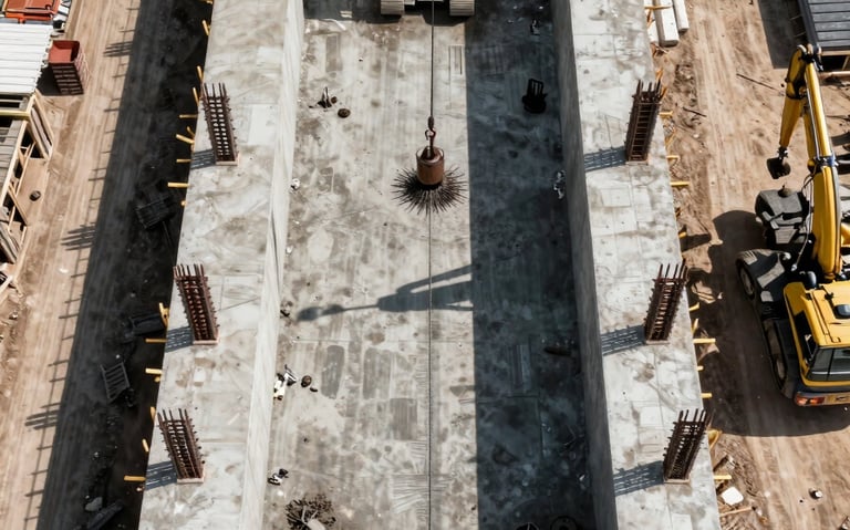 Wide overhead orthographic frame of an active construction site — concrete foundations and steel framing mid-pour, heavy equipment casting long shadows, natural midday light, no people visible, documentary framing from directly above