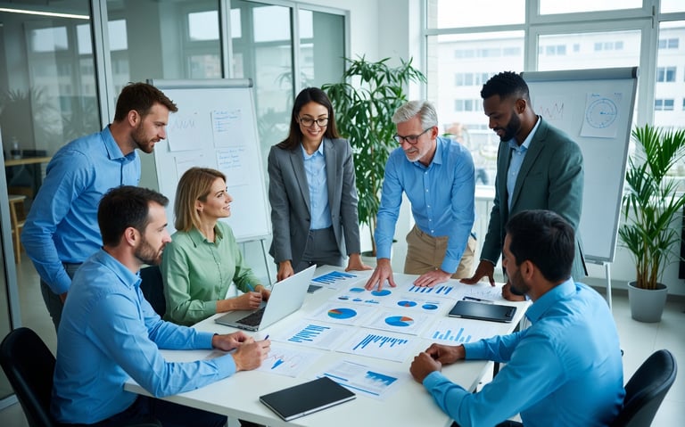 personas que revisan la misión de la compañía