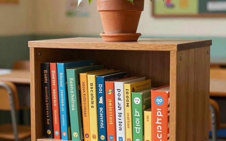 A small, tidy bookshelf in a warm Mumbai classroom filled with beautifully designed English phonics and storybooks, a terracotta potted plant resting on top, peaceful academic setting, photography.