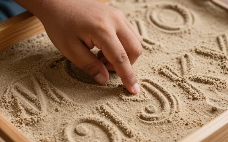 A detailed close-up of a wooden tray with sand where a South Asian / Indian child's finger is gently tracing letters, representing tactile multisensory phonics instruction, photography.