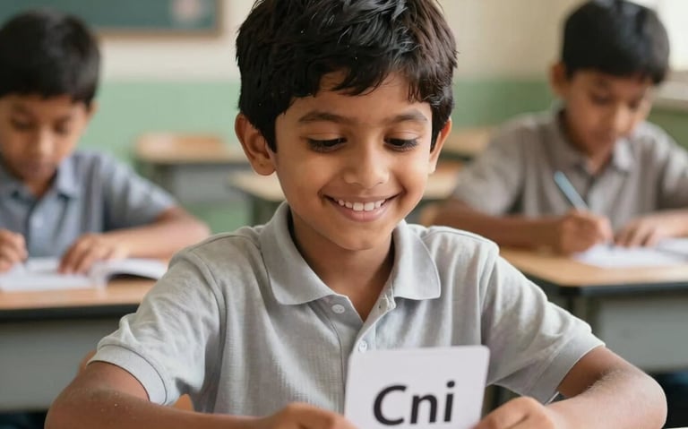 A smiling young South Asian / Indian child correctly matching word cards with picture cards in a bright Mumbai classroom, displaying a happy feeling of success, warm lighting, photography.