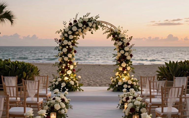 An outdoor romantic wedding ceremony walkway during sunset in a Gulf beachfront luxury resort, majestic floral arch with white and burgundy roses, elegant wooden chairs, glowing fairy lights, premium romantic atmosphere.