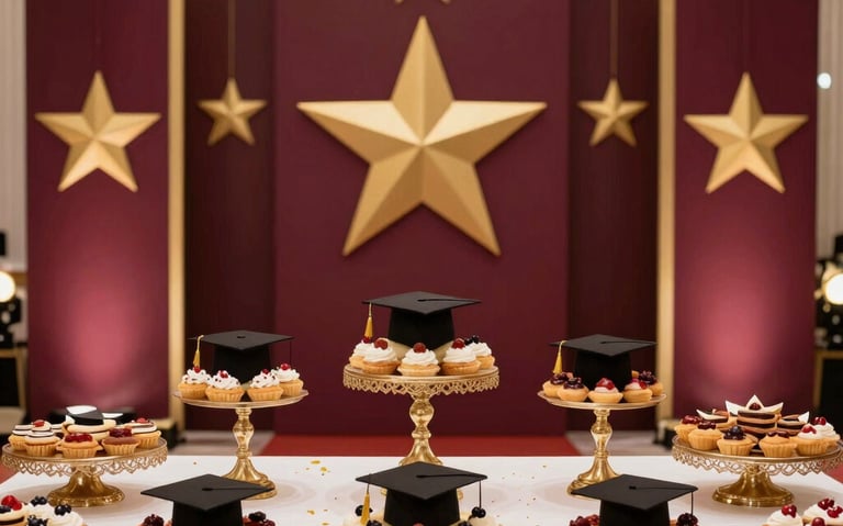 A grand graduation celebration setup, premium theme with golden stars and deep burgundy banners, elegant reception table with custom graduation pastries, upscale celebratory lighting, luxury Middle Eastern style.