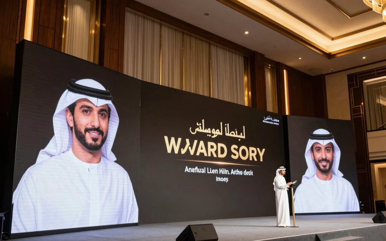 A corporate stage setup for an award ceremony in a prestigious Middle Eastern / Gulf venue, professional and sleek, dark wood accents with gold lighting, luxurious presentation screens, ready for an executive event.