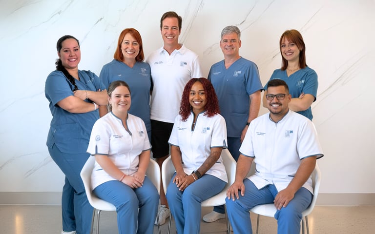 Equipo dental de la Clínica Bocarriba sonriendo a la cámara con algunos de pie y otros sentados