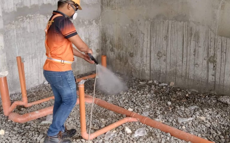Siquijor pest control technician performing soil poisoning treatment for termites, applying chemical