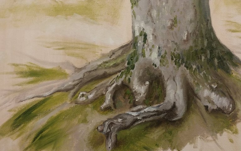 an impressionistic oil painting of the base of a mossy tree, focusing on the visible roots