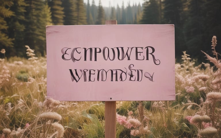 A pink wooden sign with empowering calligraphy stands in a meadow surrounded by tall pine trees and wildflowers.