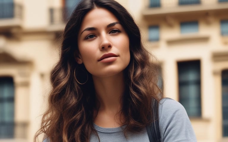 a woman in a blue shirt and jeans standing in front of a building