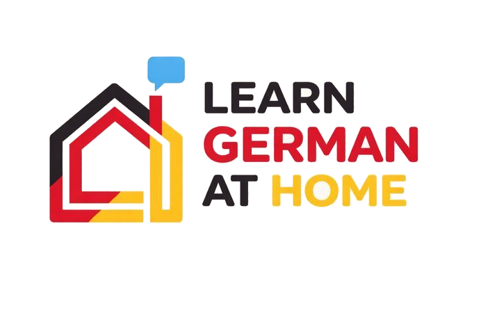 Learn German At Home logo with a house icon in German flag colors and a speech bubble.